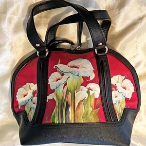 SATCHEL, LEATHER, DUSTY PINK WHITE & BLACK MULTICOLOUR FLORAL, TOP ZIP CLOSURE,